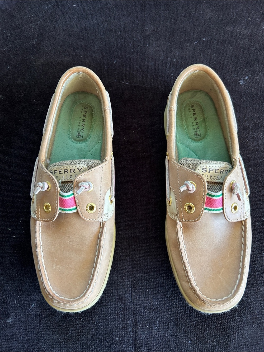Sperry Kids Tan Leather Moccasins with Pink & Green Stripe